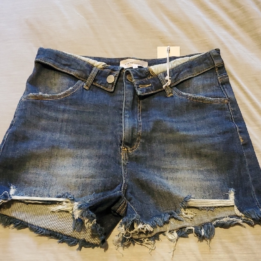 High-Rise Distressed Blue Denim Jean Shorts